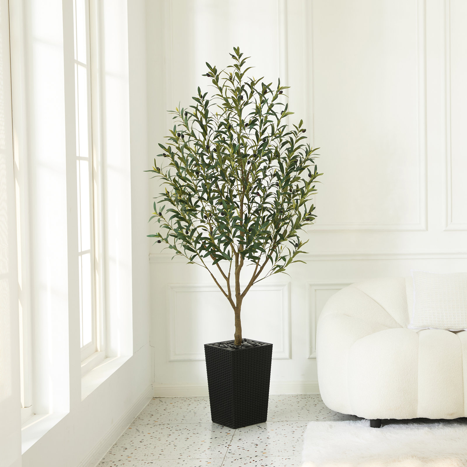 Olive Tree in Decorative Vase, Black, 72" H x 24" W x 24" D