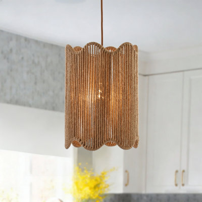 Boho Rope Cylinder Pendant Light with Adjustable Cord, Natural Jute and Brass Finish