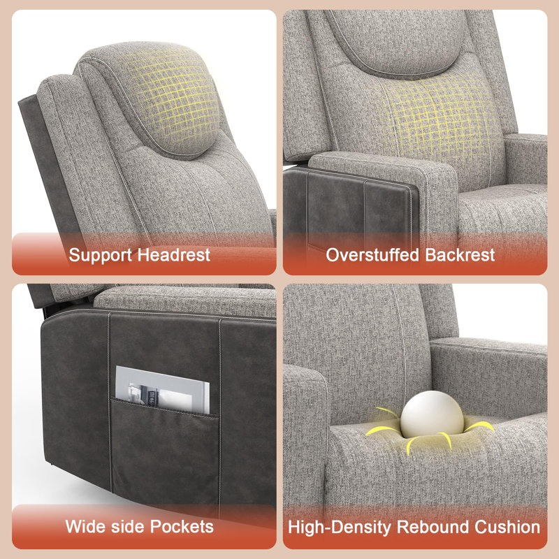 Oversize Manual Recliner Chair for Adults,Fabric & PU Leather Single Reclining Sofa Chair for Living Room, RV