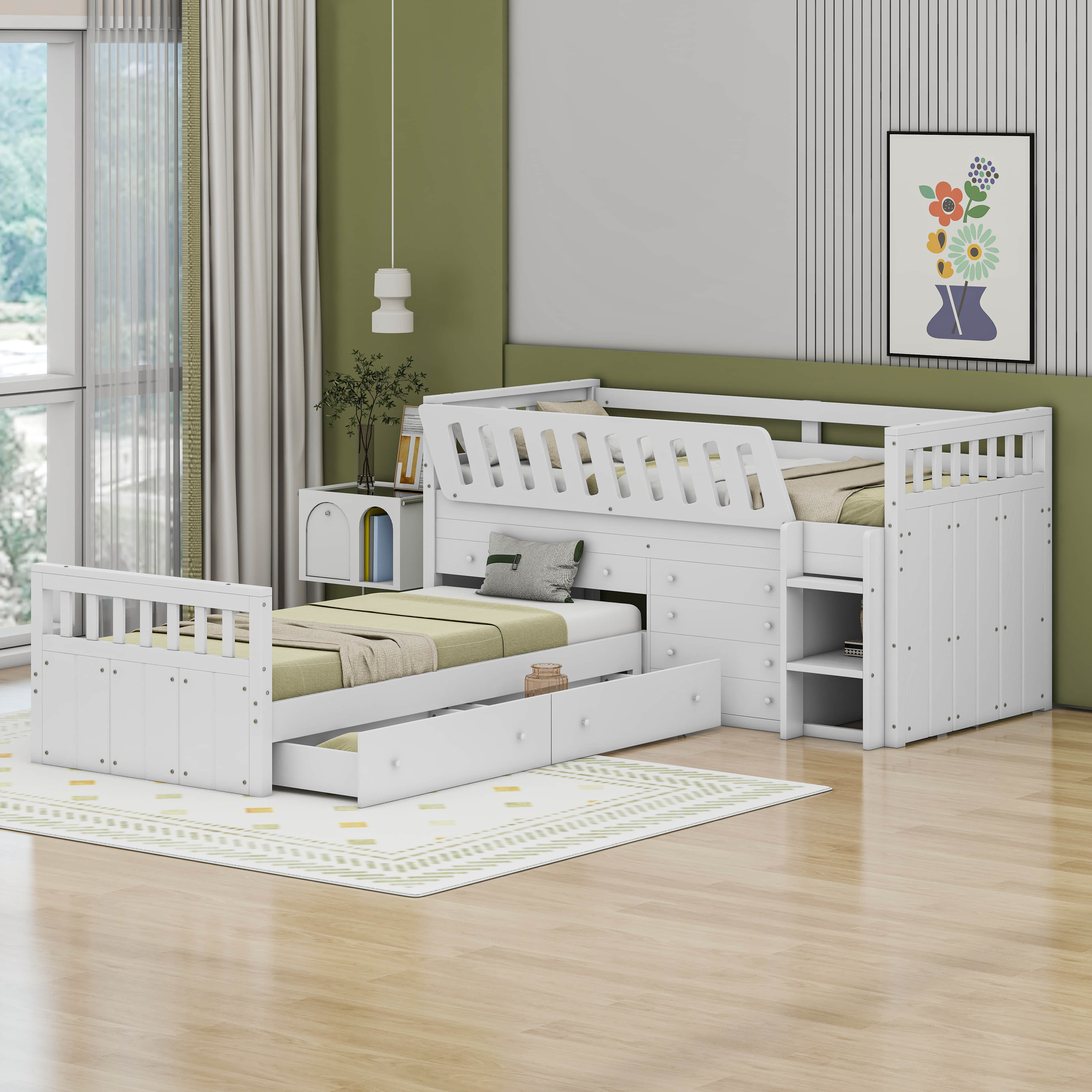 Cosmic L-Shaped Space-Saving Twin Loft And Twin Platform Bed with 7 ...