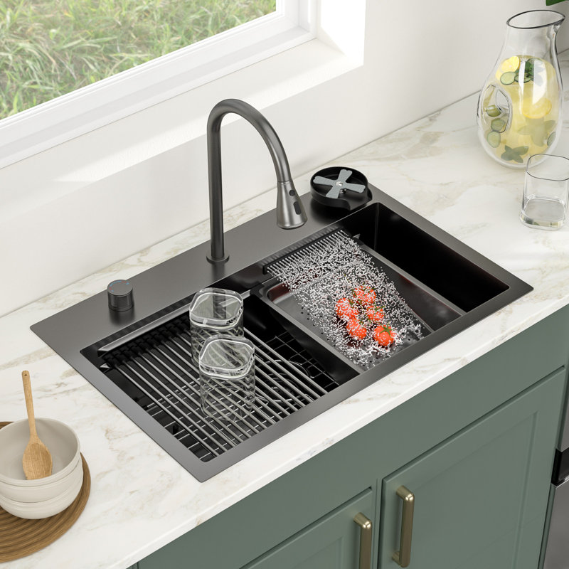 31 in. Drop-In Single Bowl Waterfall Sink Gunmetal Black 16 Gauge Stainless Steel Workstation Kitchen Sink with Flying Rain Faucet