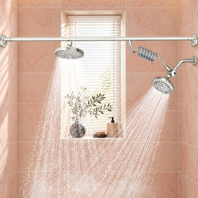 Système de douche double tandem, finition nickel brossé, pour 2 personnes, avec 9 jets, barre transversale télescopique réglable de 141 à 193 cm, installation sans perçage pour salle de bain à domicile