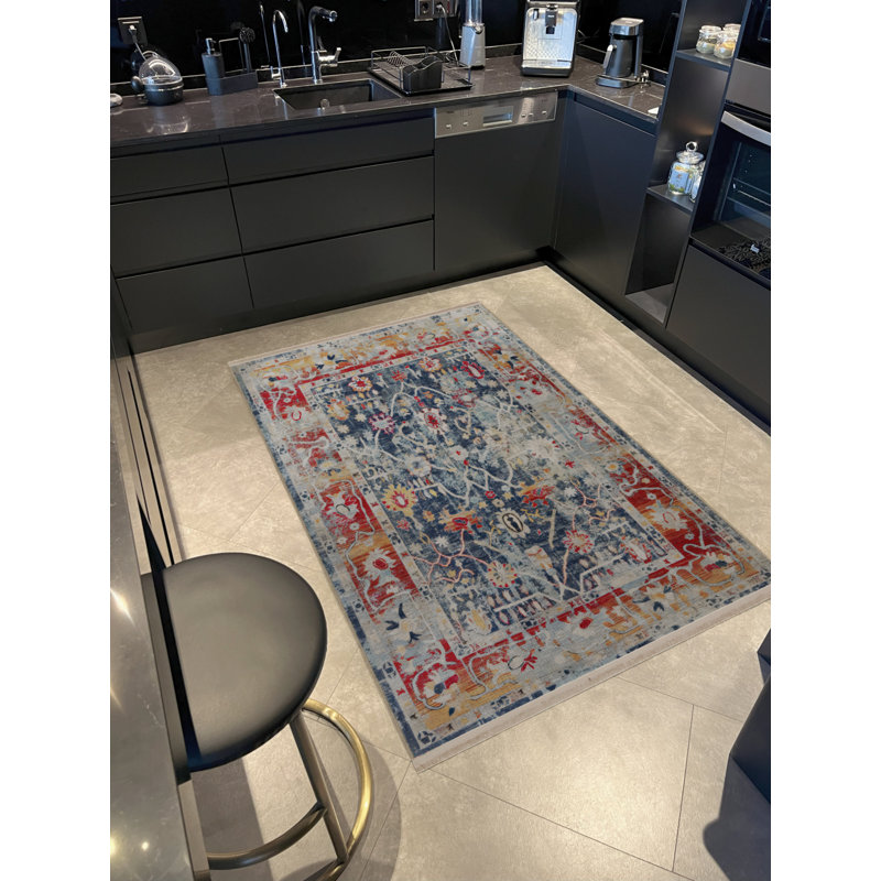 Tapis bleu en polypropylène à imprimé numérique Wimjan, Rectangle 5 pi x 6 pi 7 po