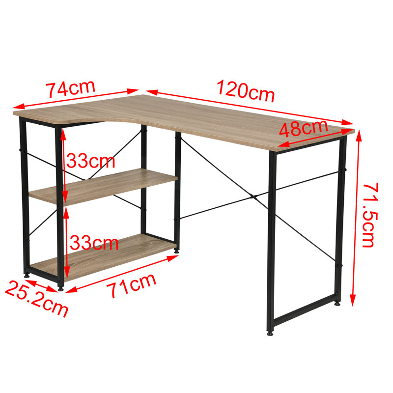120cm W L-Shaped Writing Desk, Left Hand Return, Light Oak/Black