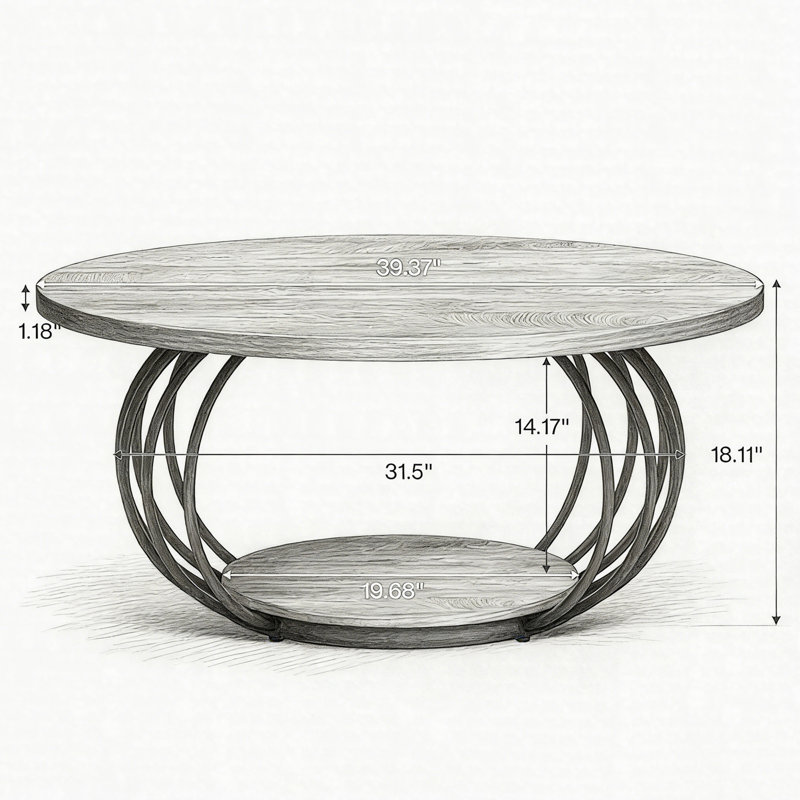 Table basse ronde 39,4 po, centre d'appoint industriel à 2 niveaux avec tablette de rangement