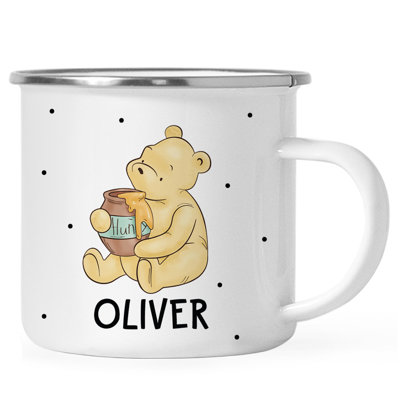 Tasse personnalisée Winnie l'ourson avec nom, tasse de cacao chaude pour enfants, ourson tenant un pot de miel à pois, cadeau de Noël, acier