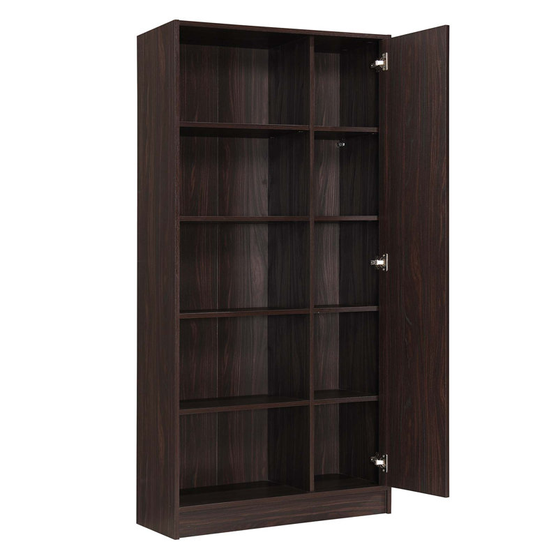 Bibliothèque à cadre en bois avec 5 tablettes ouvertes et 1 porte, Noir