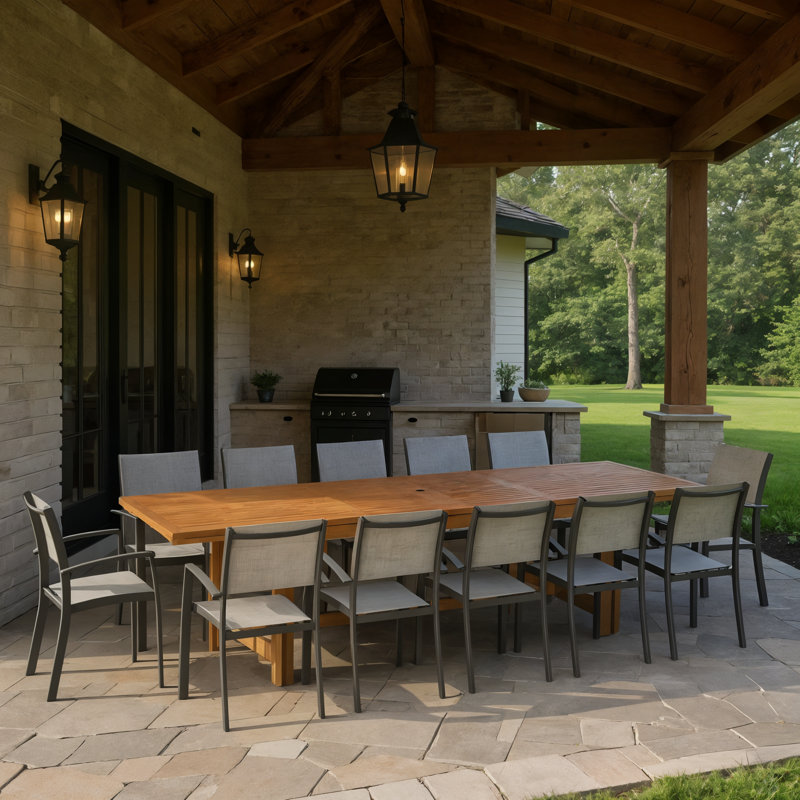 Wayland 13-Piece Outdoor Rectangular Extendable Dining Table And Chairs Set | Teak Finish & Aluminum | Ideal For Patio, Light Brown Table