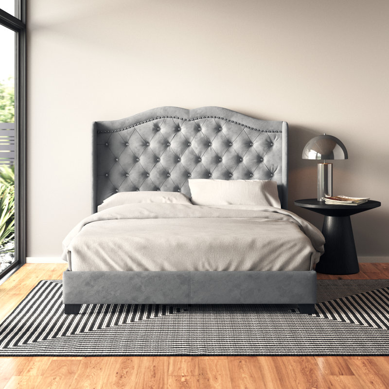 Lit tapissier standard capitonné Tess, Gris argenté, Complète