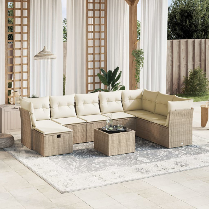 Ensemble de canapé de jardin Vidaxl Beige Poly rotin, acier, verre trempé grand