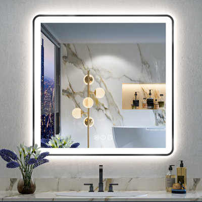 Hyosvany Matte Black Matel Framed LED Vanity Mirror with Front-lit and Back-lit, Memory Function, 3 Color Temperatures, Dimmable Light & Anti-fog Tempered Glass Mirror