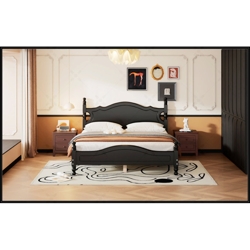 Lit plateforme de style rétro avec support en lattes de bois, Noir, Grand lit