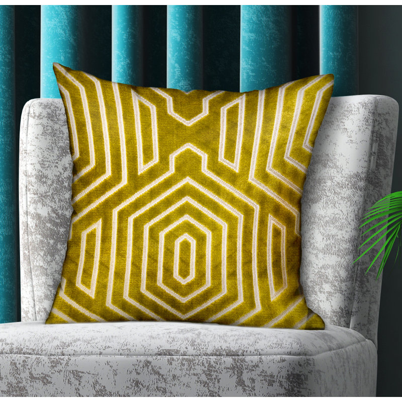 Coussin décoratif de luxe géométrique en velours Plutus céruléen, H 16 po x l 16 po, Or, Carré