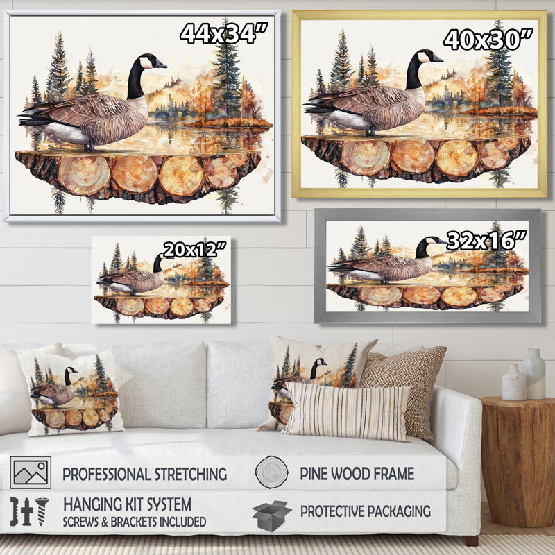 Oie canadienne dans un lac en bois, paysage II - oie, art mural, H 34 po x l 44 po, Cadre simple, Blanc