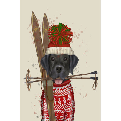 Black Labrador, Skiing by Fab Funky - Wrapped Canvas Print