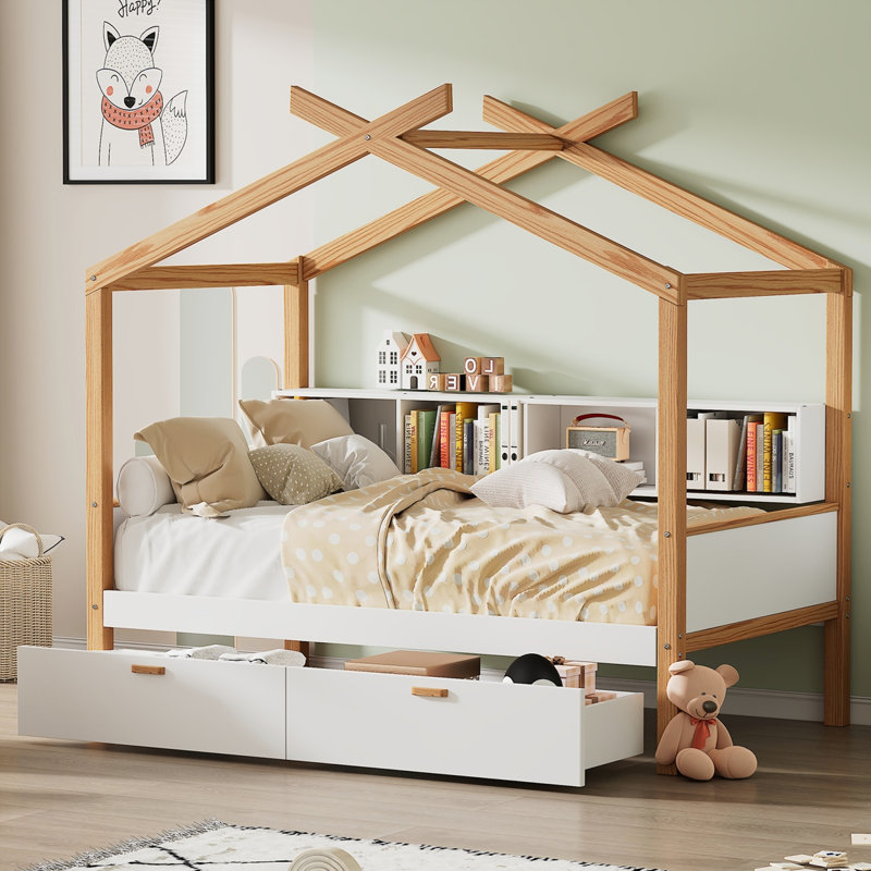 Cadre de lit en bois original avec deux tiroirs et bibliothèque