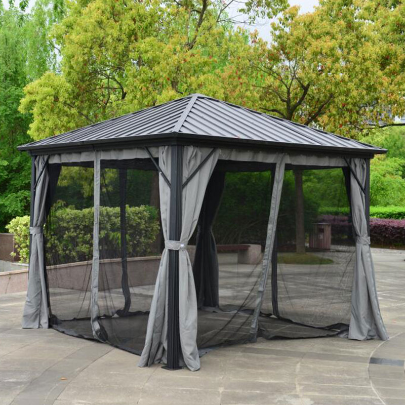 10 pi. L 10 pi. D Pavillon de jardin en aluminium et acier avec rideaux et moustiquaire