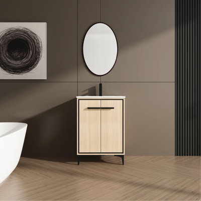 24 Inch Bathroom Cabinet, Basin & Storage Space, Engineered Wood Material, Proof Layer, Easy Assembly Steps Instruction, American Style Declaration, Oak Color Shine 24" Vanity With Basin, Chest,