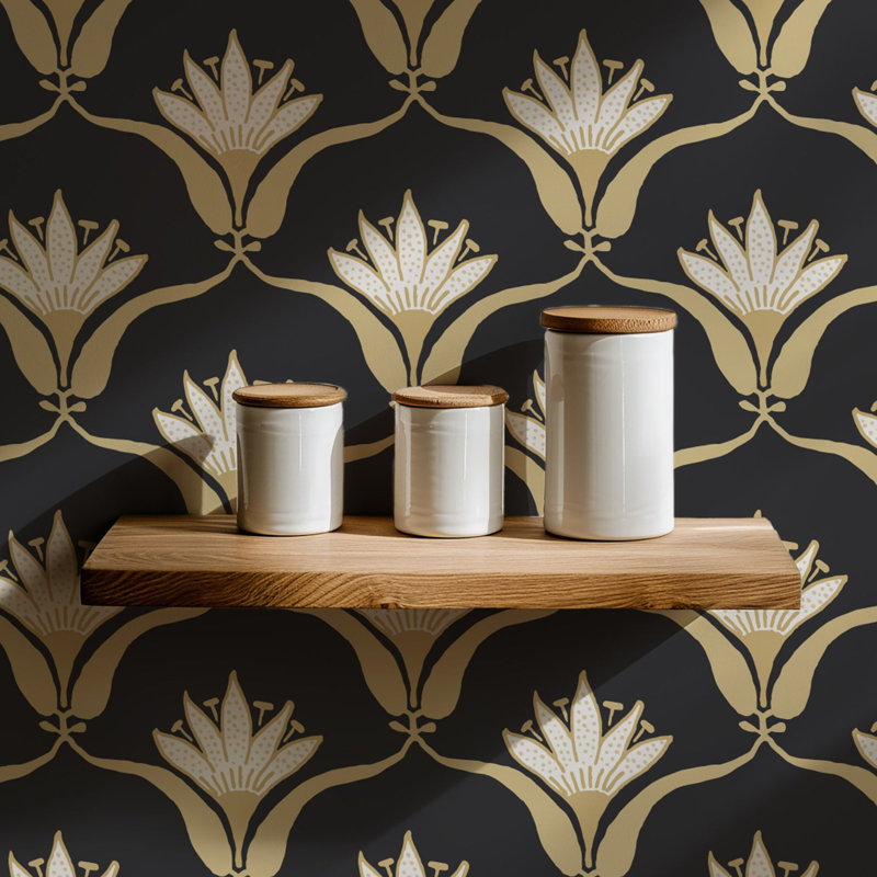Shanghai Wallflower 10' L x 25" W Wallpaper Tile, Black Yellow, Faux Grasscloth, Non-pasted