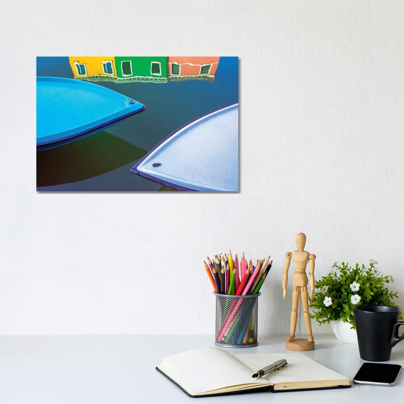 Italy, Burano. Boat Bows and House Reflection in Canal. 1 Piece Wrapped Canvas Wall Art, 20.32cm H x 30.48cm W x 1.905cm D