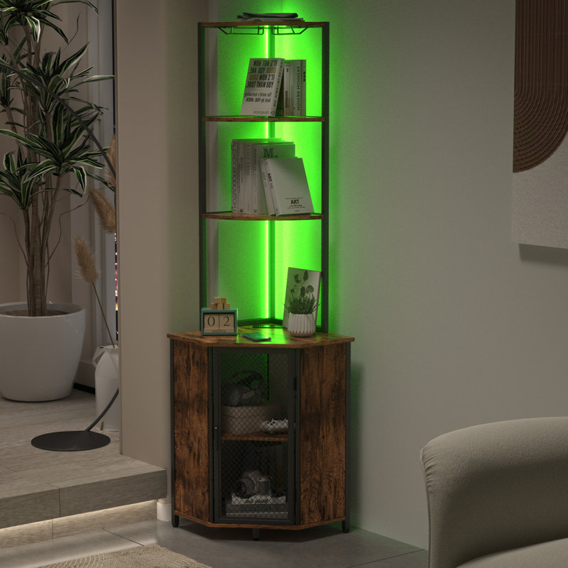 22.2'' Corner Triangle 5 Tier Wine Bar Cabinet With LED Light And USB Charging Port, Brown