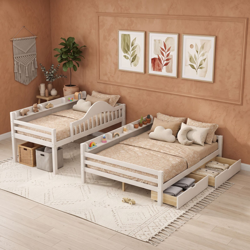 Lit superposé en bois avec étagères, échelle, sommier à lattes préinstallé et tiroirs, Jumeaux sur complet, Beige