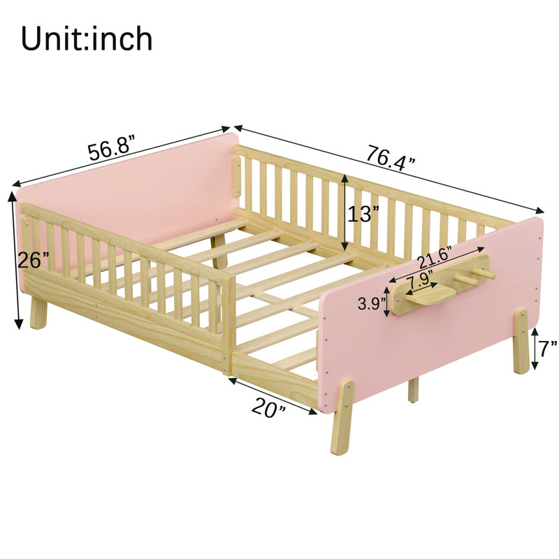 Lit d'enfant standard, lit plateforme en bois avec tête et pied de lit, rose, Double