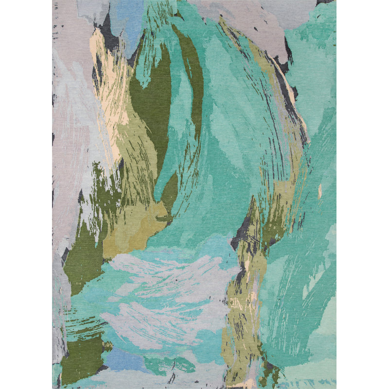 Laflor Hand Knotted Wool Abstract Area Rug in Jade/Teal/Lavender/Charcoa, Rectangle 6' x 9'