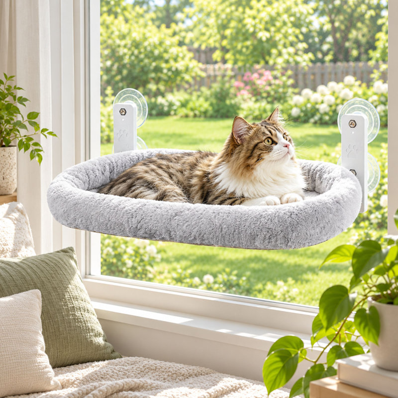 Grand perchoir sans fil pour chat à installer à la fenêtre, coussin réversible moelleux et ventouses