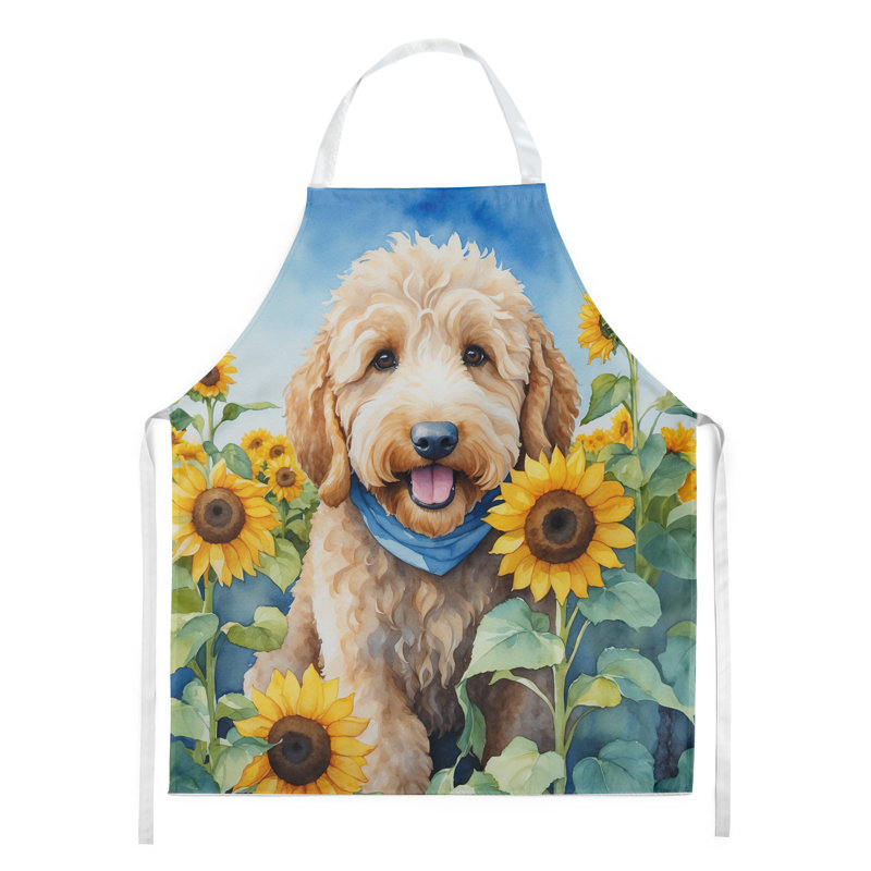 Goldendoodle en tablier tournesols
