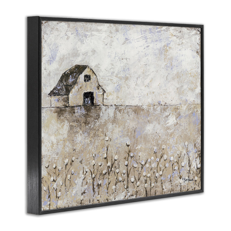 Grange blanche délavée, paysage de champs de coton - peinture, Giclée encadrée noir minuit, H 24 po x l 30 po