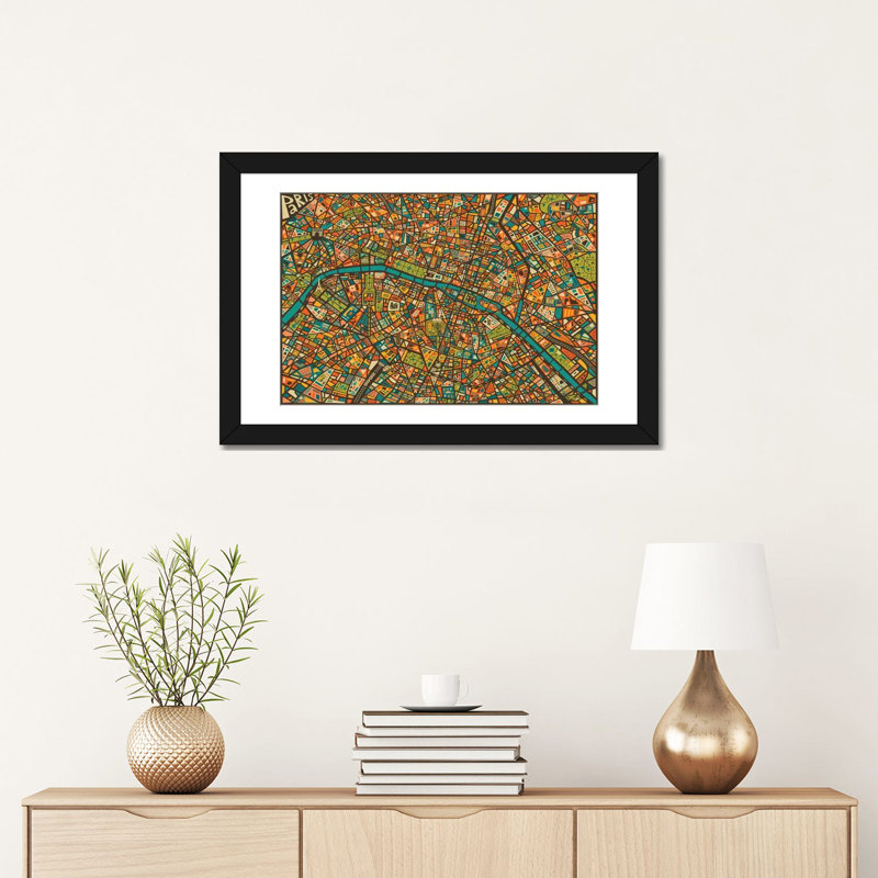 «Paris Street Map», impression sur toile tendue, Papier d'art encadré noir, Blanc, H 16 po x l 24 po x P 1 po