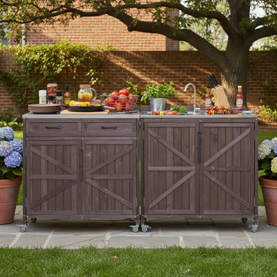 2 Piece Modular Outdoor Kitchen Cart with Stainless Steel Sink, Storage Cabinets, Drain Kit and Sewer