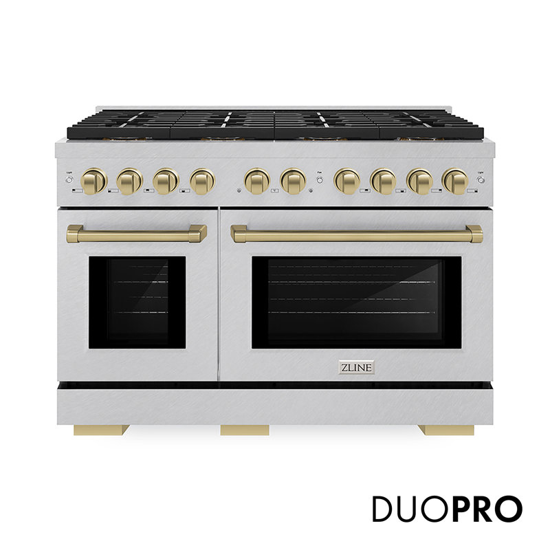 ZLINE Autograph Edition 48 in. 6.7 cu. ft. Paramount Dual Fuel Range W/ 8 Burner DuoPro Cooktop and Dual Ovens in Satin Stainless Steel and Champagne Bronze Accents