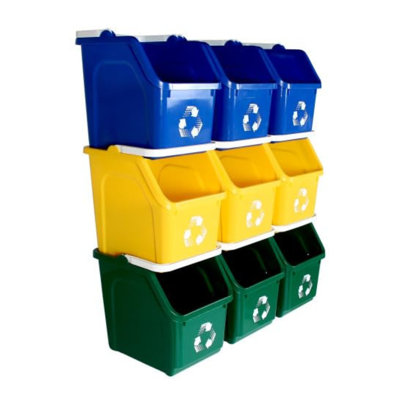 Sturdy Essentials Multi Bin Recycling System With Nine Stackable 6 Gallon Recycle Bins To Build Your Recycling Center For Offices, Kitchen, Garages, Businesses (9 Pack, Blue/yellow/green)