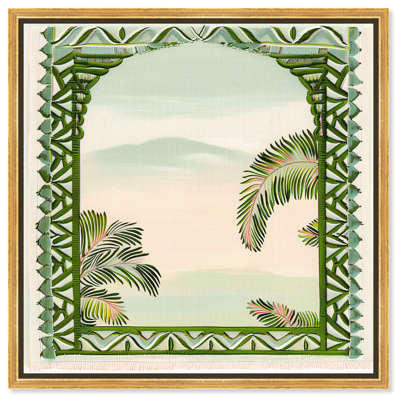 «Palm View Vista», art côtier moderne par , H 41 po x l 41 po, Cadre flottant, Doré