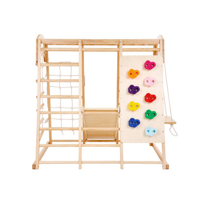 Indoor Jungle Gym, 7-in-1 Toddler Indoor Playground, 47.2 x 58 x 56 inch, with Wood and Rope Ladder, Net Ladder, Swing, Monkey Bar, Slide, Climbing Wall, Wooden Indoor Climbing Toys for Kids