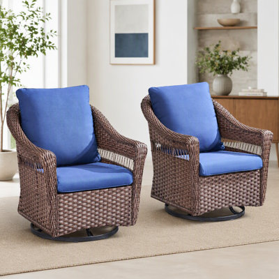 Outdoor Swivel Rocking Wicker Chairs Set of 2, PE Rattan Patio Glider Chairs with Blue Cushions for Porch or Backyard