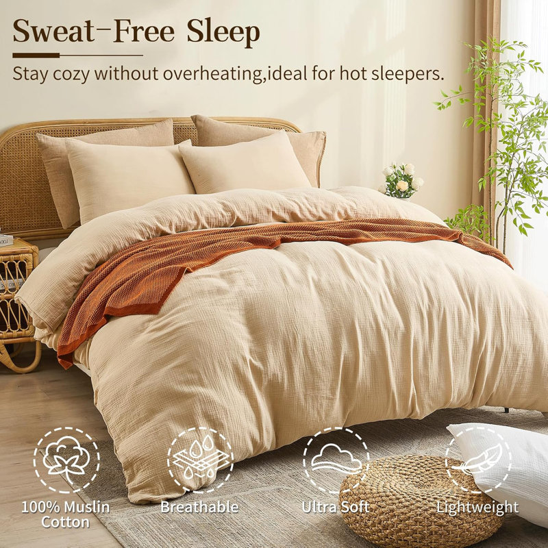 Housse de couette en mousseline de coton grand format 100% coton biologique à texture douce, housse de couette tissée pour ensemble de 3 pièces toutes saisons (grand lit, lin)