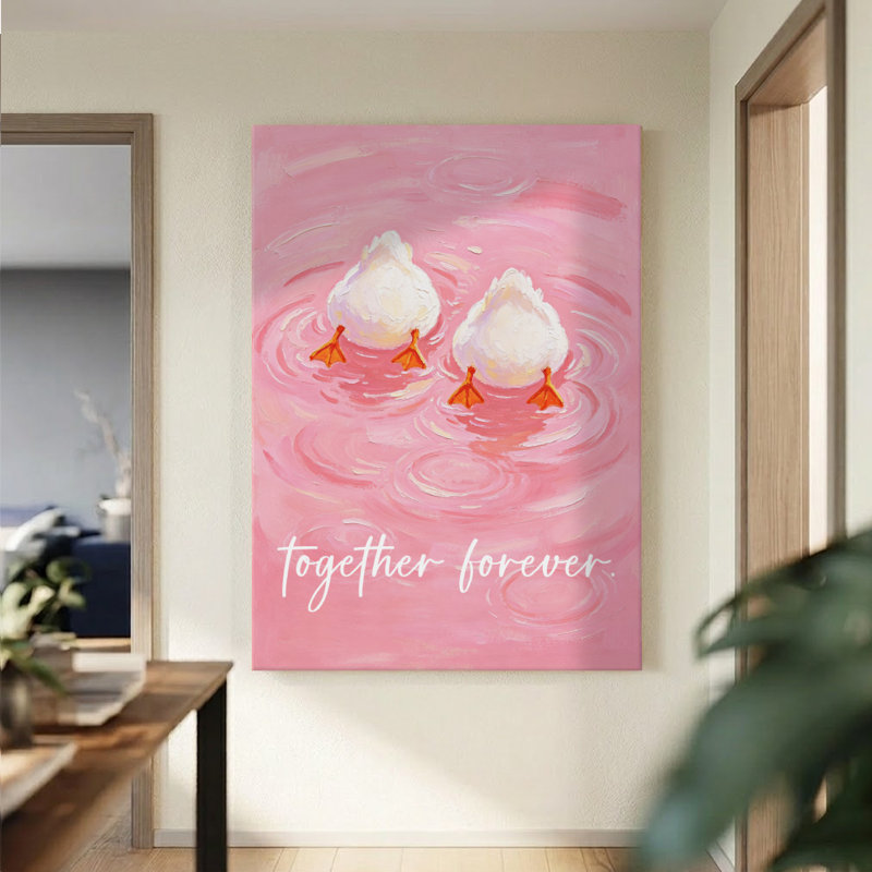 Tableau impressionniste à l'huile sur toile « Deux canards sur l'eau », 61 x 91 cm, monté sur châssis, rose et bleu, pour une décoration murale idéale dans une chambre, un salon ou une salle de bain.
