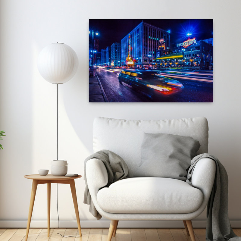 Car at night city street Woodward Avenue Downtown Detroit Michigan USA 1 Piece Wrapped Canvas Wall Art, 60.96cm H x 91.44cm W