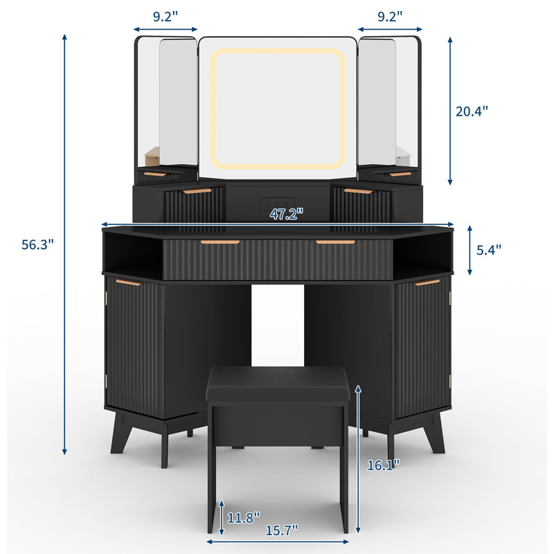 Corner Makeup Vanity Desk, Modern Vanity Desk with HD Triple Mirror, Corner Vanitys with Clear Glass Top, Fluted Makeup VanityDesk