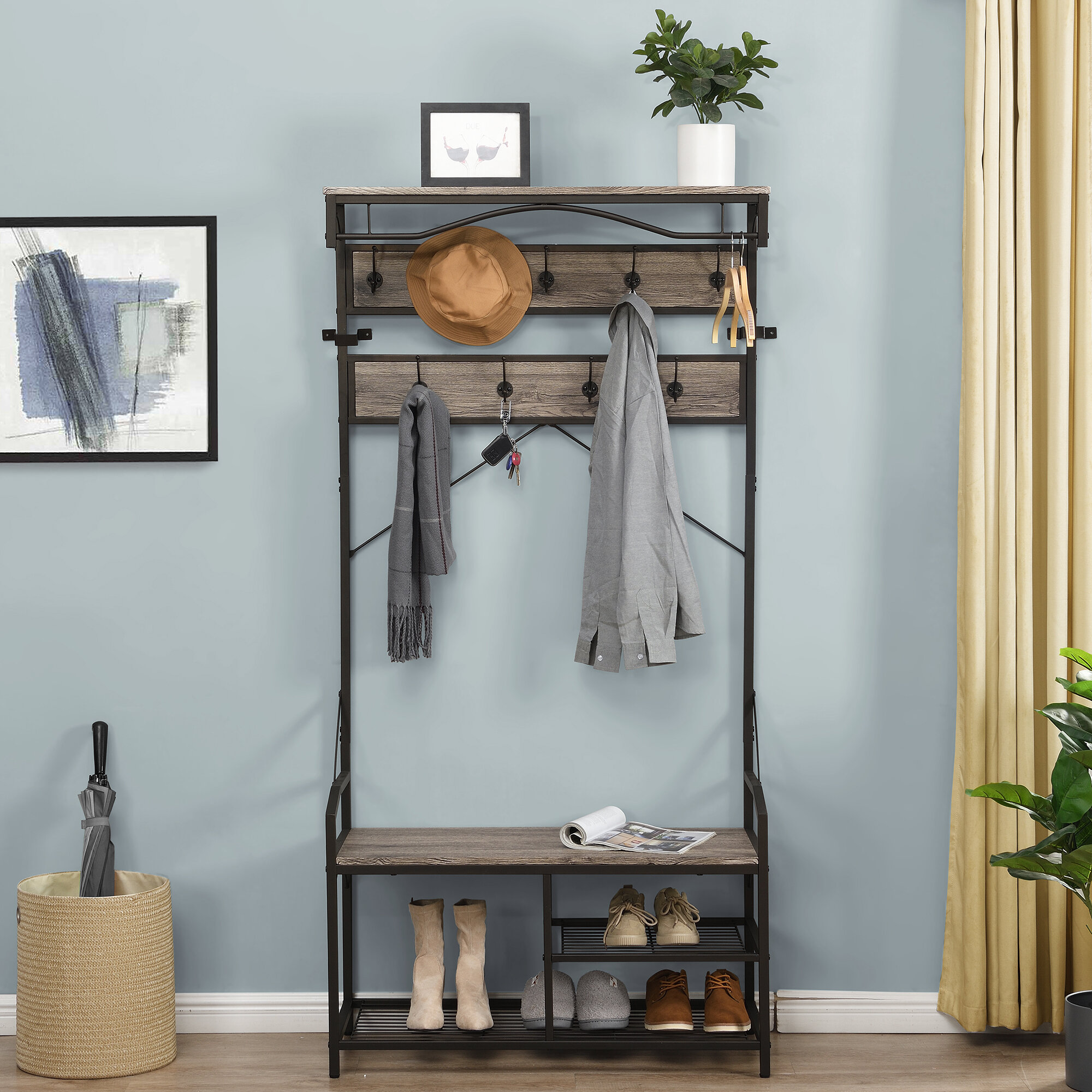 17 Stories Keaun Industrial Entryway Hall Tree With Bench And Shoe ...