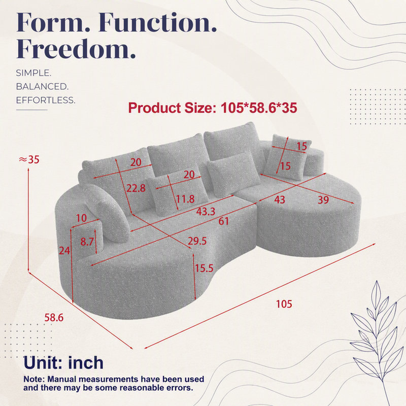 Canapé d'angle surdimensionné moderne en chenille, avec assise extra profonde et large, 7 coussins et combinaison libre pour salon et chambre