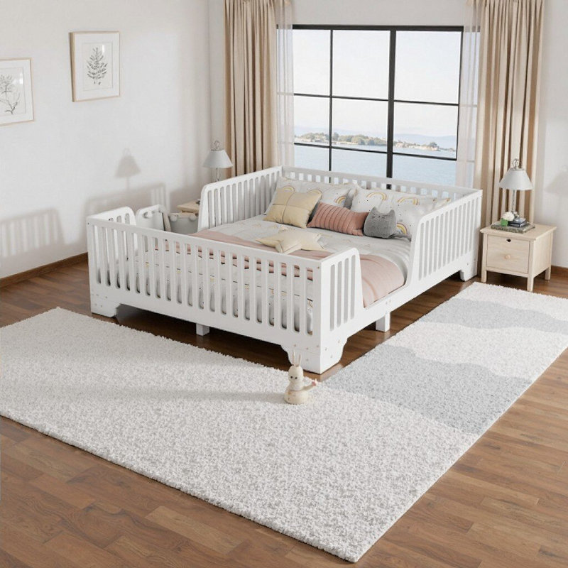 Montessori Twin Floor Bed with Safety Door & Fence - Low Profile Kids Bed, No Box Spring Needed, White, White, Twin