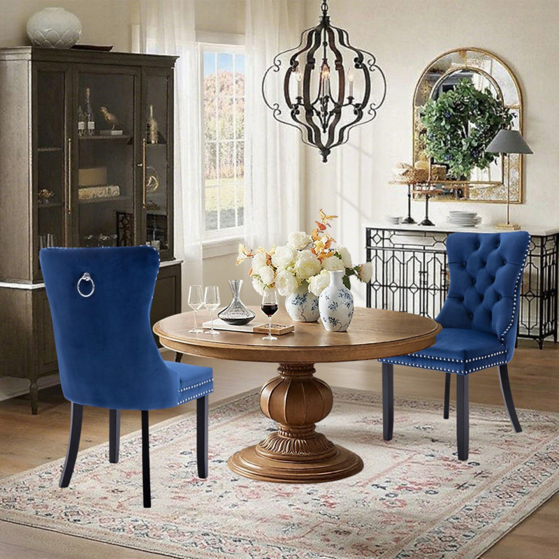 Chaise de salle à manger en velours avec anneau à dossier et pieds en bois massif, Noir, Bleu, 2