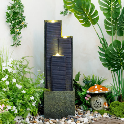 Fontaine à cascade extérieure moderne à 3 niveaux de 39,7 po avec lumières DEL intégrées, cascade autoportante en polyrésine résistante aux intempéries pour le jardin, le patio et la décoration intérieure