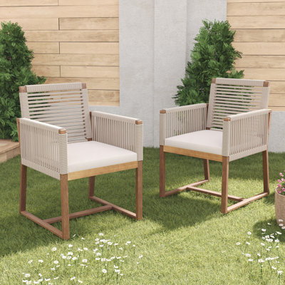 Ensemble de 2 chaises de salle à manger d'extérieur, fauteuil de patio en bois d'acacia avec dossier en corde et accoudoirs et coussin lavable