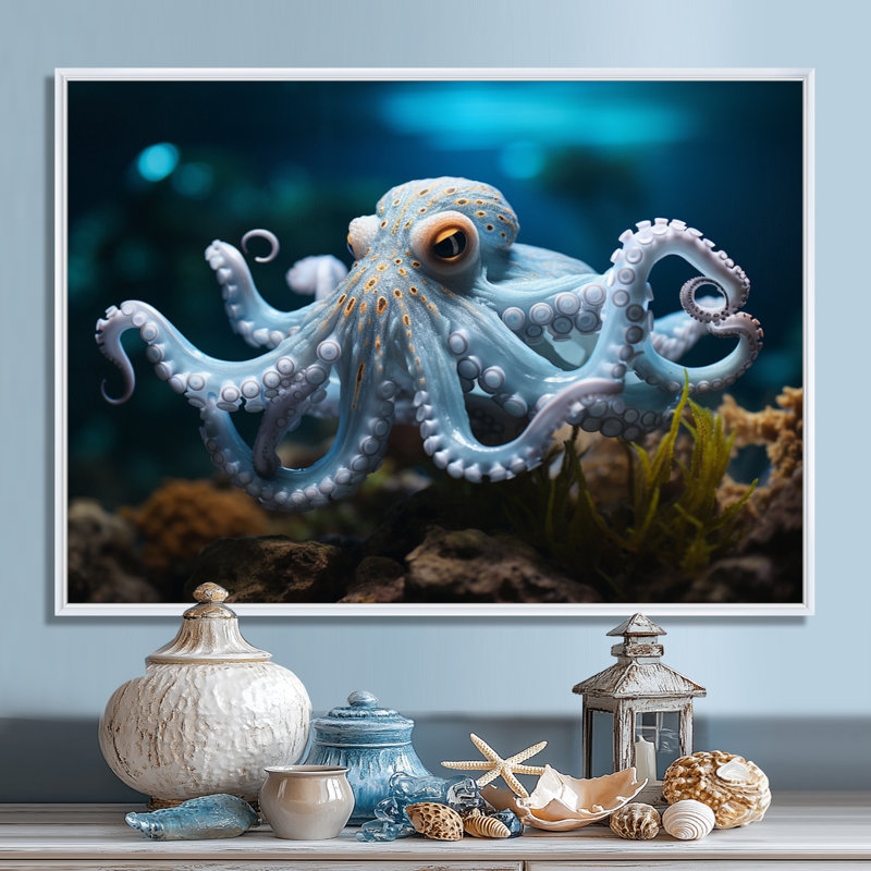 Blue Octopus Serene submersion - impression, H 30 po x l 40 po x P 1,5 po, Cadre flottant blanc