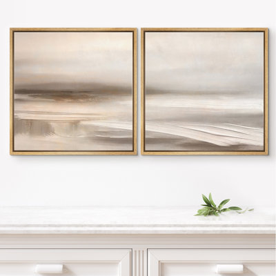 Warm Neutral Beige Soft Abstract Landscape Wall Decor Set Framed Master Bedroom Wall Art Work 2 Pieces Print